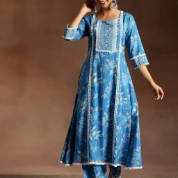 Libas Blue A-Line Floral Print Kurta Sets-image-3