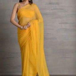 Sutra Attire Mustard Yellow Chiffon Womens Saree with sequence Work image 3