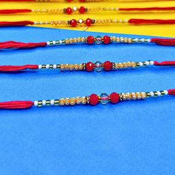 ORANGENYSHA Set Of 6 American Diamond Studded & Beaded Meenakari Thread Rakhis-3