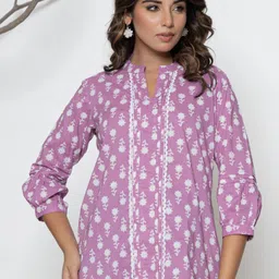 VEDANA Floral Print Mandarin Collar Puff Sleeve Cotton Top-image-45