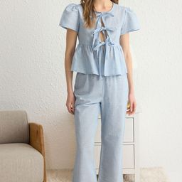 Trendyol Women Tie-Up Neck Pure Cotton Night suit-image-38