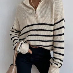 HERE&NOW Women Off white Cotton Ribbed Sweaters-picture-13
