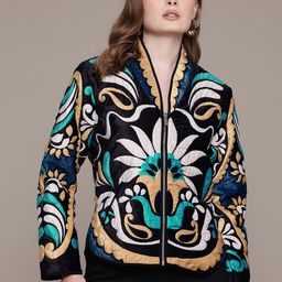 Label Ritu Kumar Floral Woven Design Velvet Open Front Jacket-15
