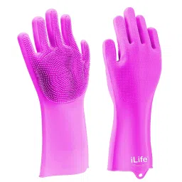 iLife Thick Multiuse Latex free Silicon scrubber gloves for Dishwashing grooming Kitchen gloves Pink-image-42