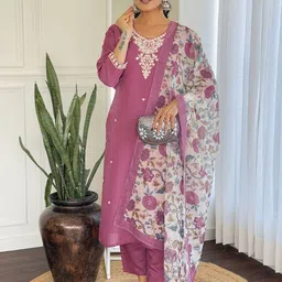 Twika Women Floral Embroidered Regular Straight Calf Length Chanderi Silk Kurta Set-picture-34