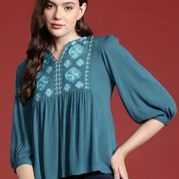 all about you Embroidered Puff Sleeve Ethnic Top-47