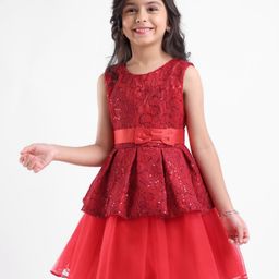 Mark & Mia Cotton Sleeveless Party Frock With Bow Applique & Sequin Embroidery- Red-image-78