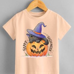 KNITROOT Halloween Theme Half Sleeves Happy Halloween Text Printed Tee - Peach-picture-35
