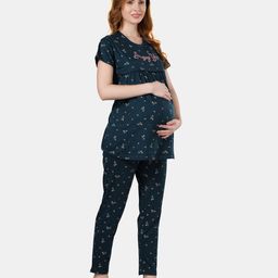 Fabme Half Sleeves Amazing You Text &  Cycle Printed Maternity Top & Pajama Set With Concealed Zipper Nursing Access - Dark Green-picture-2