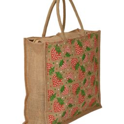 Kuber Industries Strawberry Print Jute Reusable Eco-Friendly Hand Bag Grocery Bag For Man, Woman With Handle,Brown & Red, 54KM4369-27