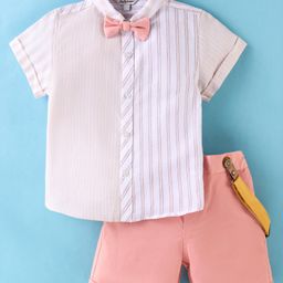 ToffyHouse Poplin Woven Half Sleeves Striped Shirt & Shorts Set with Bow & Suspender - Peach-image-30