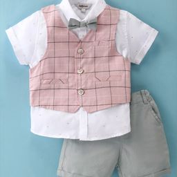 ToffyHouse Cotton Woven Half Sleeves Shirt & Shorts Set with Checkered Waistcoat & Bow - Pink & Grey-image-91