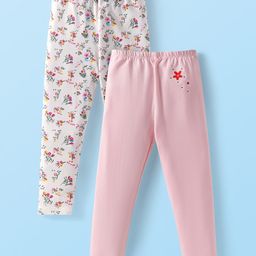 Babyhug Cotton Lycra Knit Full Length Leggings With Floral Print Pack of 2 - White & Light Pink-picture-7