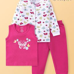 Babyoye Cotton Modal Knit Full Sleeves  Thermal Vests & Pant Set with Butterfly Print - White & Dark Pink-image-17