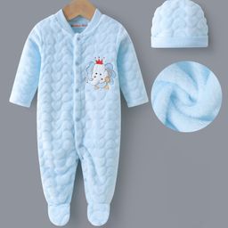 Kookie Kids Full Sleeves Footed Romper With Elephant Patch & Cap - Light Blue-image-71