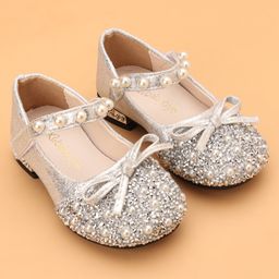 Babyoye Ballerinas with Velcro Closure Pearl & Rhine Stones Detailing - Silver-image-39
