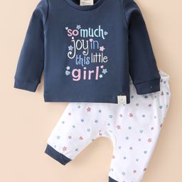 Ollypop Interlock Knit Full Sleeves T-Shirt & Lounge Pants Set With Text & Hearts Print - Navy-image-70