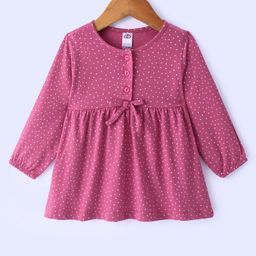 Zero Sinker Full Sleeves Frock with Polka Dots Print & Bow Applique - Dark Pink-image-39