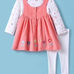 ToffyHouse Cotton Woven Floral Embroidered Frock With Full Sleeves Floral Printed Top & Leggings - Coral & White-picture-16