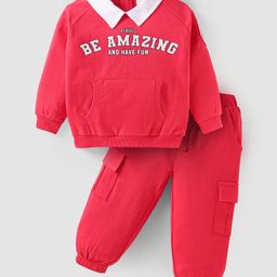 Babyhug Cotton Knit Full Sleeves Collared T-Shirt & Lounge Pants Set With Kangaroo Pockets & Text Print - Red-image-26