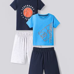 Primo Gino 100% Cotton Knit Half SleevesBasket BallChest Print Shorts Set Pack of 2- Light Blue & Navy-image-17