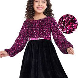Hola Bonita Knit Knee Length Full Peasant Sleeves Sequined Party Frock - Maroon-image-24