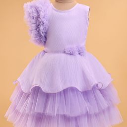 Bluebell Net Woven Sleeveless Layered Textured Party Frock with Bow &Frill Detailing - Lilac-picture-2