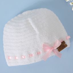Funkrafts Handmade Woollen Solid Bow Designed Beanie Cap - White & Pink-image-3