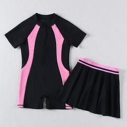 Mark & Mia Half Sleeves Legged Swimsuit with Skirt - Black-image-88