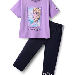 Babyhug Disney Single Jersey Knit Half Sleeves T-Shirt And Lounge Pants Set With Disney Princess Graphics - Lavender-image-43