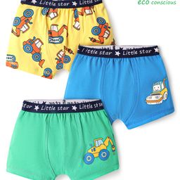 Babyoye Cotton Elastane Knit Trunks with Vehicles Print Pack of 3 - Yellow Blue & Mint Green-image-7