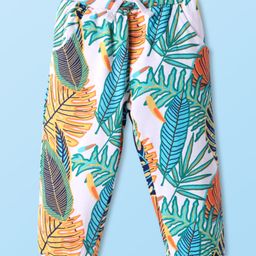 Babyhug Cotton Knit Full Length Lounge Pant with Tropical Theme Print - White & Green-image-52