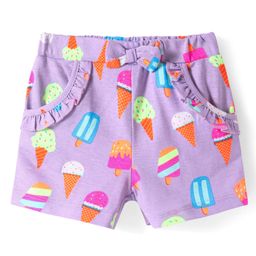 Babyhug Cotton Knit Mid Thigh Length Shorts with Ice Cream Print & Bow Applique - Purple-image-68