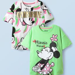HoneyHap Disney Single Jersey Knit Half Drop Shoulder Sleeves Oversized T-Shirts with Minnie Mouse & Family Foil Graphics Pack of 2 - White & Light Green-image-6