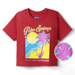Pine Kids Cotton Knit Drop Shoulder Half Sleeves T-Shirt With Palm Spring Text Print - Dark Pink-image-86