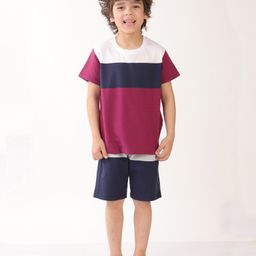 Anthrilo Cotton Knit Half Sleeves Colour Blocked Coordinating Tee & Shorts Set - Multi Colour-image-25