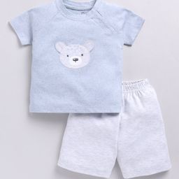BABY GO Cotton Half Raglan Sleeves Bear Patch Embroidered Tee & Shorts Set - Light Blue-image-13