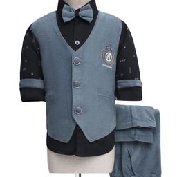 Rikidoos Full Sleeves Textured & Arrow Printed 3 Piece Party Suit With Bow Set - Light Blue & Black-picture-13