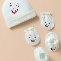Bubble Pop Cotton Knit Cap Mitten & Booties Set With Smile Print White - Diameter 9 cm-image-92