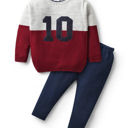 Babyhug Knitted Full Sleeves Pullover Sweater Set with Color Block Design - Grey Red & Navy Blue-image-53