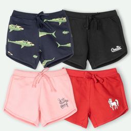 Ariel Cotton Knit Pack Of 4 Unicorn & Typography Printed Shorts - Navy Blue Black Pink & Red-image-89