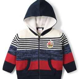 Babyhug Knit Full Sleeves Hooded Front Open Striped Sweater with Patch Detailing & Kangaroo Pocket - Navy Blue-image-7