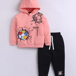 Little Ninja Cotton Knit Full Sleeves Wall Breaking Football Printed Hooded Sweatshirt & Joggers Set - Peach & Black-picture-27