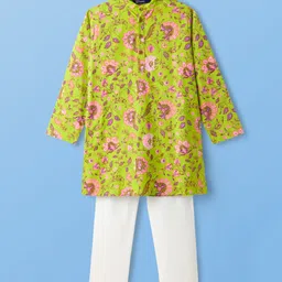 Pine Kids Cotton Woven Full Sleeves Kurta Pajama Set with Floral Print - Limegreen-picture-49