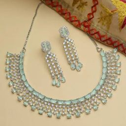 Zeneme Rhodium Plated Sea Green American Diamonds Studded Handcrafted Jewellery Set-12