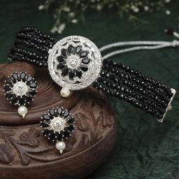 Zeneme Oxidized Silver Plated Black White Stones Studded Pearl Beaded Jewellery Set-12
