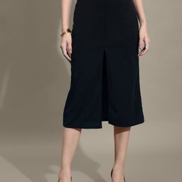 QIOA Pencil Below Knee Slit Midi Skirt-image-82