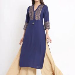 Juniper Indigo Geometric Printed Rayon Kurta with Tassels Detail-image-51