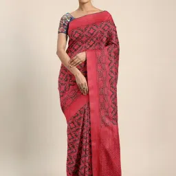 LADUSAA Red & Black Woven Saree With Unstitched Blouse-image-1