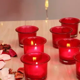 Homesake 'Diwali' Red Glass Tea Light Candle Holder - Set of 6-16